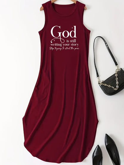 Letter Print Dress, Casual Crew Neck Sleeveless Maxi Dress, Women's Clothing