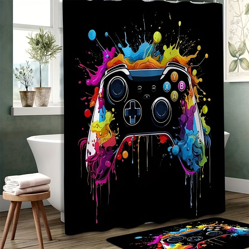 1/4pcs Game Controller Pattern Shower Curtain Four Piece Set, Including Waterproof Shower Curtain, Anti Slip Floor Mat, Toilet Seat Cover, And U-shaped Mat Shower Curtain Set, Twelve Hooks, Bathroom Accessories, Holiday Gifts