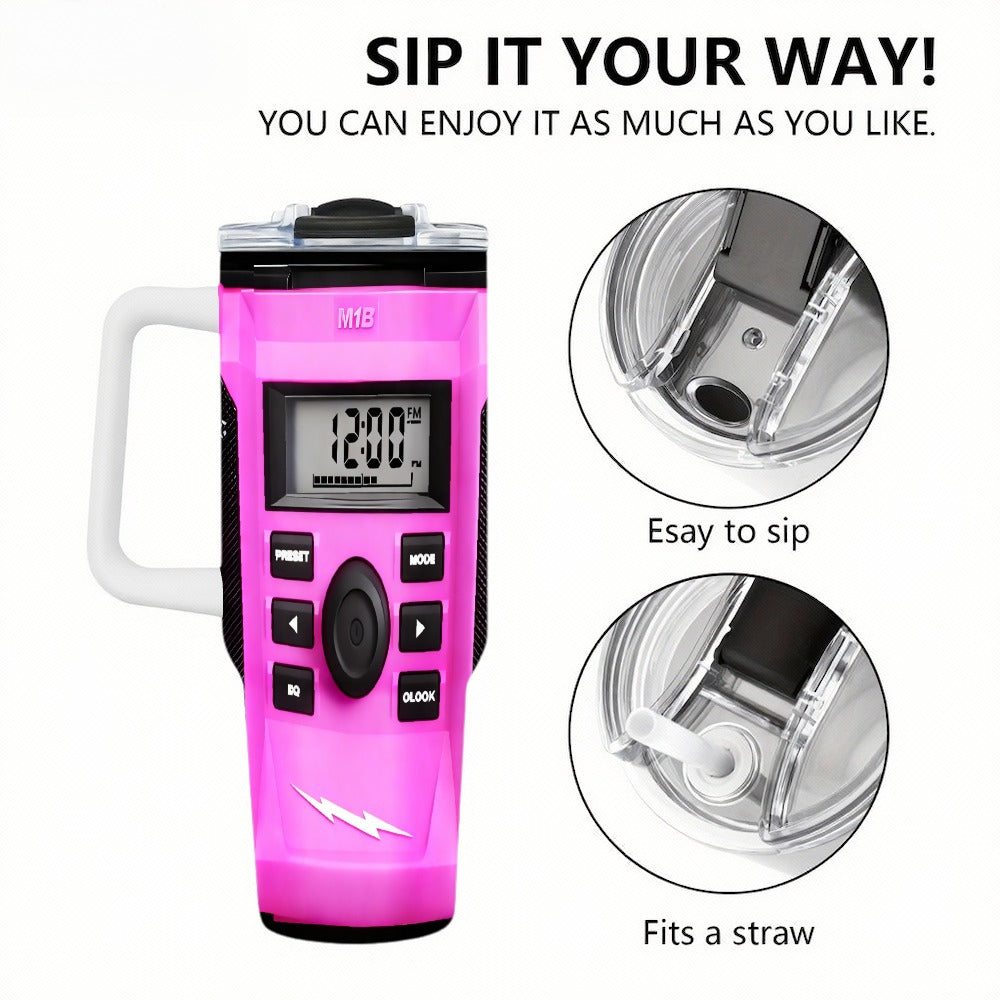 40Oz Pink Style Radio Car Mug - Distinctive Drinkware! It Includes a Radio/Clock Display, a Robust Handle, And a Sipping Lid. Perfect for Radio Fans And Collectors. Designed with Double-Layer Insulation to Keep Drinks Hot Or