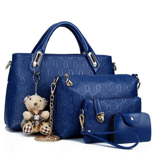 A Set of Four Trendy Handbags for Women Featuring Adorable Bear Charms, Ideal for Everyday Use - Spacious Bags - New Design for 2025
