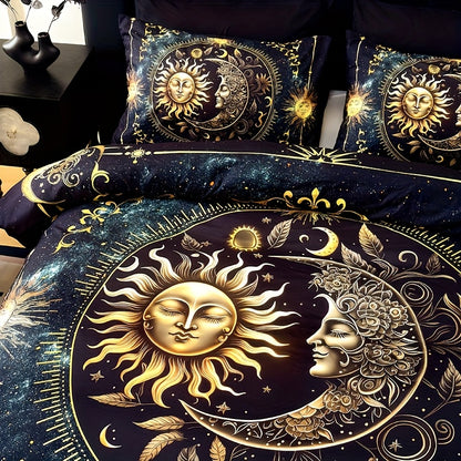 3pcs Duvet Cover Set, Polyester 90g Woven, Digital Printed Golden Sun Moon Planet Pattern, Machine Washable, All-season for Home Dormitory, 1 Duvet Cover + 2 Pillowcases (No Insert)