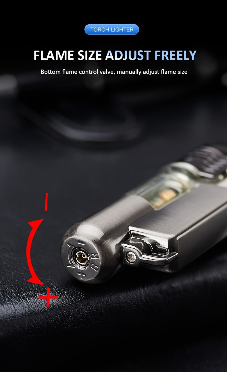 This Is a Windproof Inflatable Lighter Designed with a Creative Transparent Gas Box And a Round Machine, Featuring a Cover And No Butane