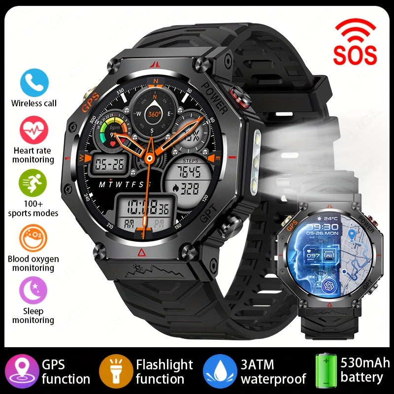 Men's Smartwatch - 1.39inch full touch HD Display, come with long range flashligh & GPS function, 530mAh large battery capacity, Wireless Calls/dial, compass, Music Control, massive sports modes, Zinc Alloy Case, Silicone and