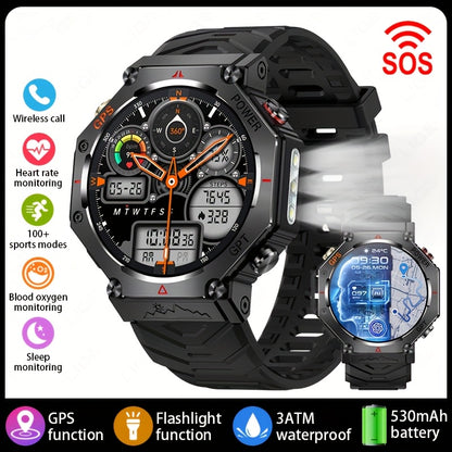 Men's Smartwatch - 1.39inch full touch HD Display, come with long range flashligh & GPS function, 530mAh large battery capacity, Wireless Calls/dial, compass, Music Control, massive sports modes, Zinc Alloy Case, Silicone and