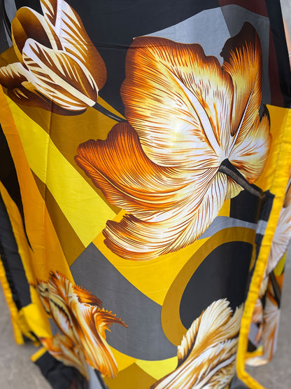Women'S Plus Size Floral Print Tunic Dress, Polyester 100%, Crew Neck, Batwing Sleeve, Scarf Detail, Loose Fit, Non-Stretch, All-Season, Long Length, Woven, 75g/m², Party Wear