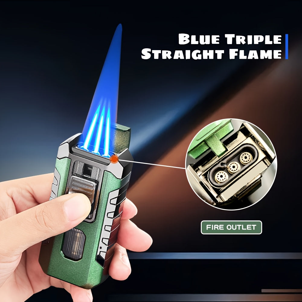 A Lighter That Resists Wind, Featuring a Triple Flame with Direct Injection, Made of Metal And Equipped with a Viewing Window. It'S a Refillable, Portable Lighter with an Adjustable Flame