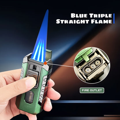 A Lighter That Resists Wind, Featuring a Triple Flame with Direct Injection, Made of Metal And Equipped with a Viewing Window. It'S a Refillable, Portable Lighter with an Adjustable Flame