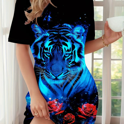 Women's Elegant Tiger & Rose Print Nightgown - Blue & Black Pajama Dress with Round Neck, All-Season Comfort, Machine Washable Sleepwear, Elegant Home Dress for Women, & Sophisticated Lounge Wear with Pajama Top & Skirt, Idea