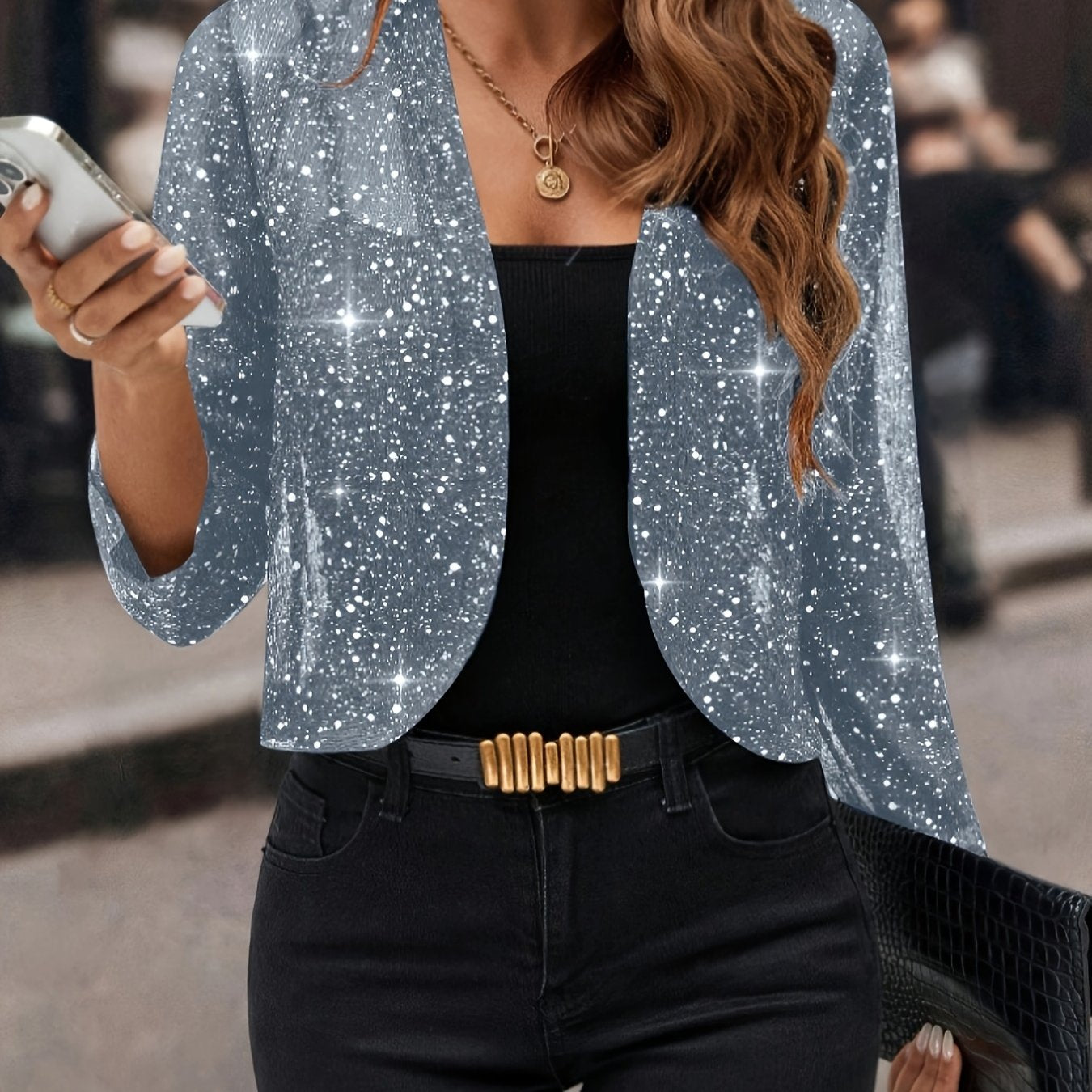 Women's Glitter Sequin - Golden Foil Pleated Fabric - Cardigan Jacket - 3/4 Sleeve Short Cropped Blazer for Business Casual