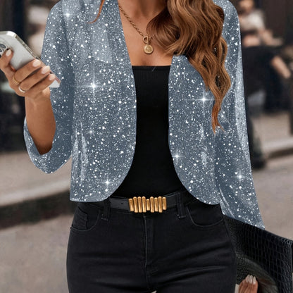 Women's Glitter Sequin - Golden Foil Pleated Fabric - Cardigan Jacket - 3/4 Sleeve Short Cropped Blazer for Business Casual