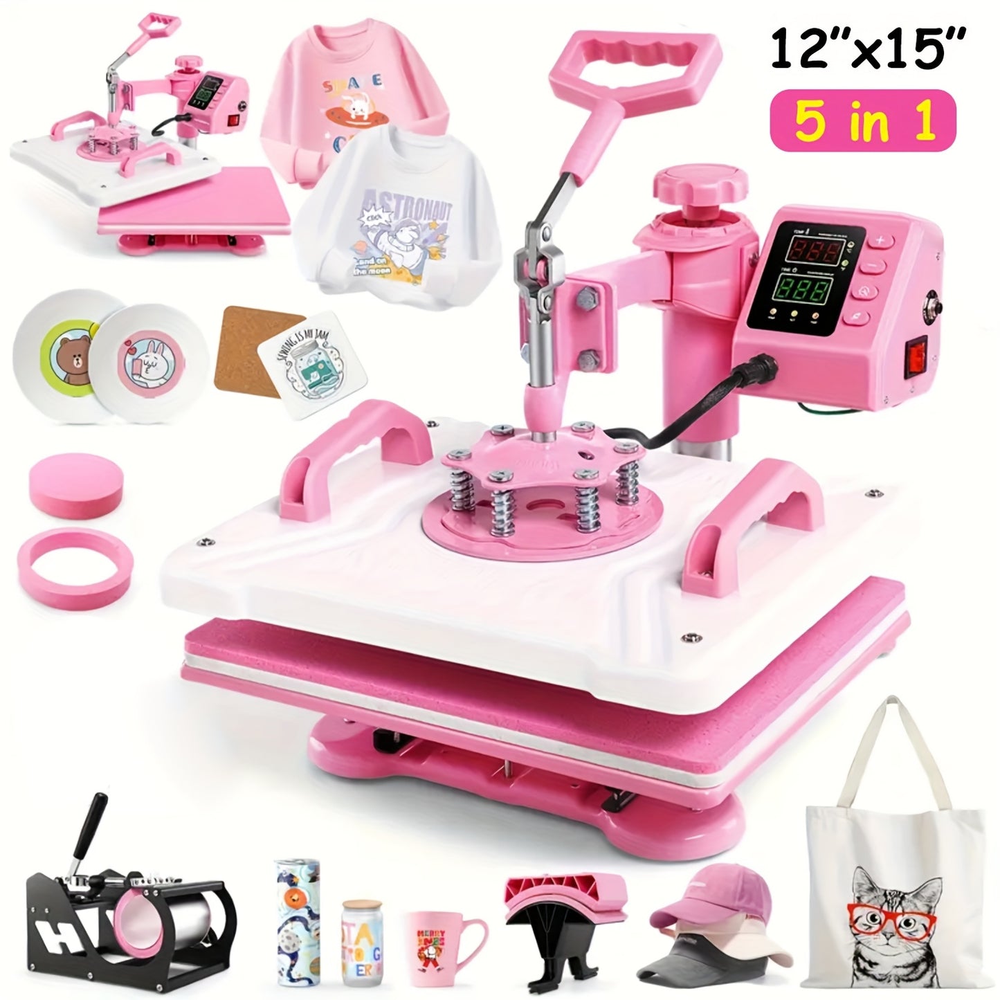 Heat Press Machine - Multifunction 5in 1 with Tumbler Press - 15" X 15" / 12" X 15" Heat Transfer Machine - 360° Swing Away T-Shirt Pressing Machine - Fast And Even Heating - Digital Precise Control - for DIY T-Shirts/Mugs/H