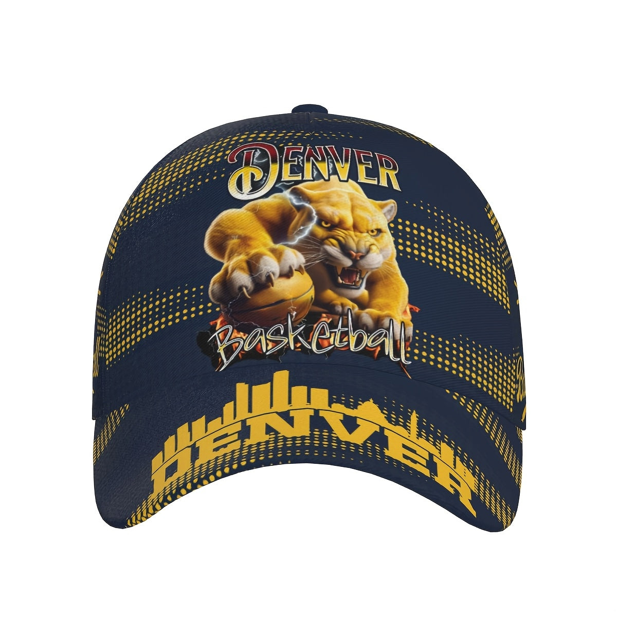 Trendy Structured Baseball Cap Featuring a Full-Print Design of a Golden Lion in a Basketball Style, Complemented by a Navy And Golden Polka Dot Stripe Texture