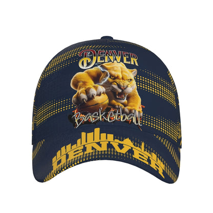 Trendy Structured Baseball Cap Featuring a Full-Print Design of a Golden Lion in a Basketball Style, Complemented by a Navy And Golden Polka Dot Stripe Texture