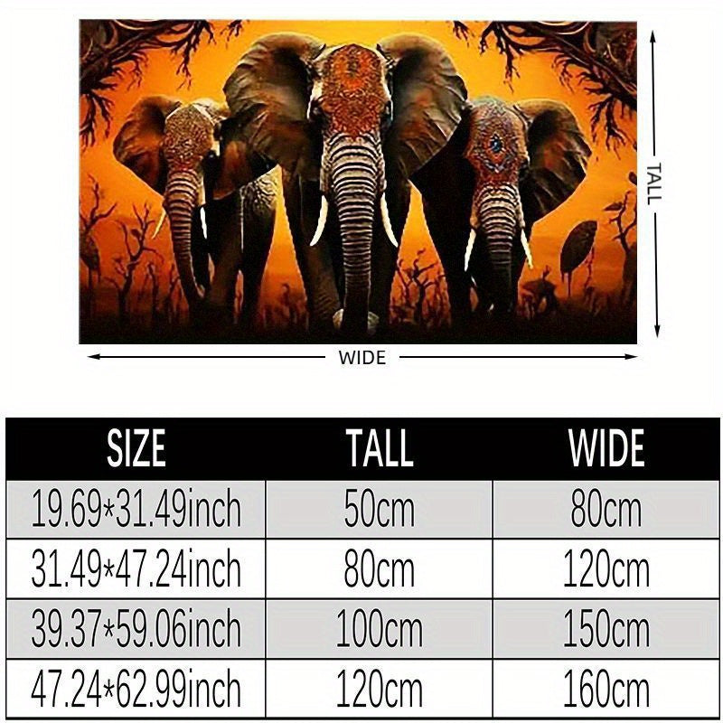 3-Elephant African Tribal Mat - Large Rectangular Floor Mat with Warm Brown/Beige/Black/Orange/ Golden/Gray Tones, Non-Slip Machine Washable Polyester Mat for Living Room, Bedroom, Entryway, Patio - Modern African Decor for H