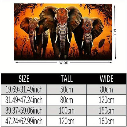 3-Elephant African Tribal Mat - Large Rectangular Floor Mat with Warm Brown/Beige/Black/Orange/ Golden/Gray Tones, Non-Slip Machine Washable Polyester Mat for Living Room, Bedroom, Entryway, Patio - Modern African Decor for H