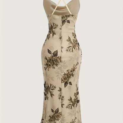 Vintage Elegant Cocktail Party Spaghetti Strap Printed Mesh Midi Dress for Women
