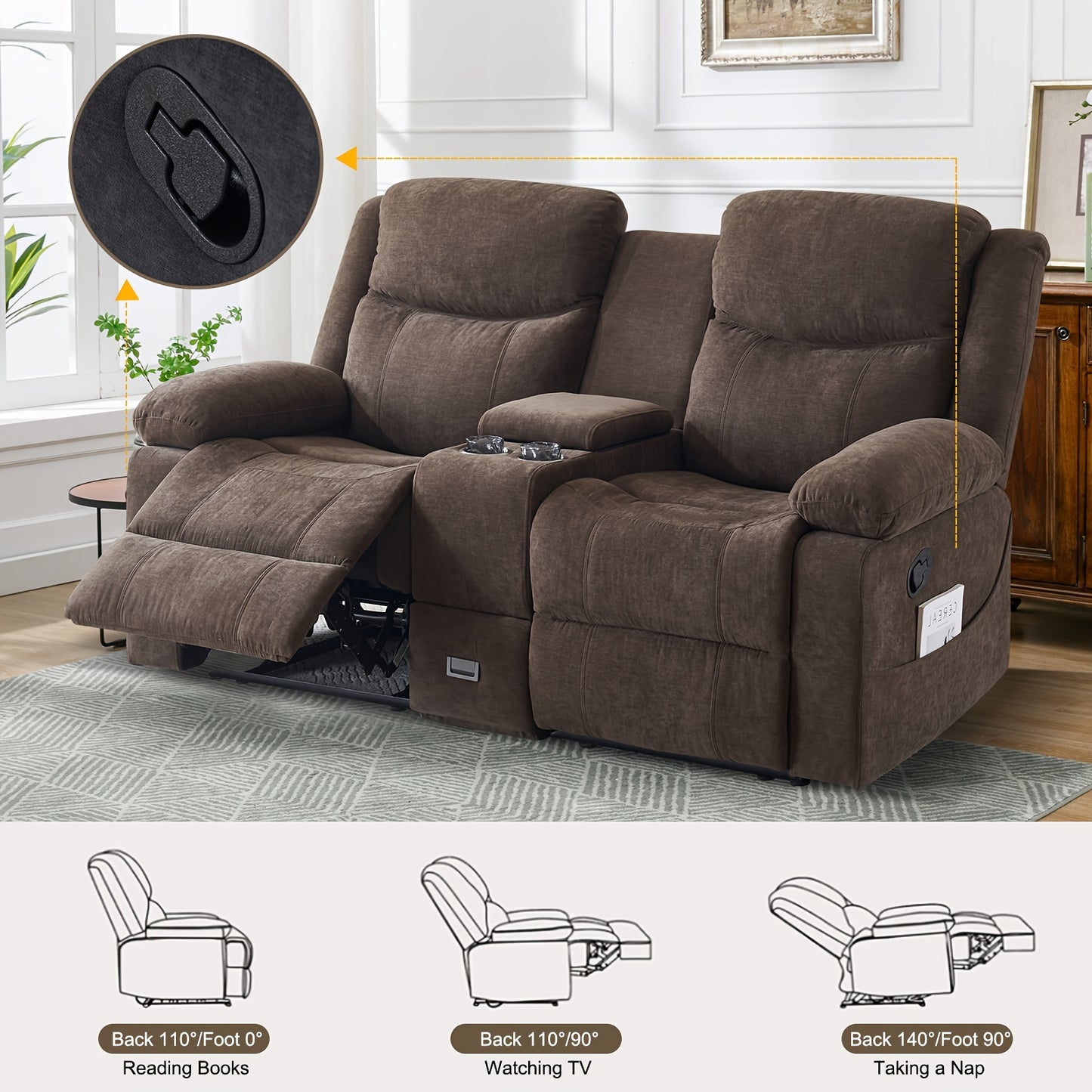 Consofa Loveseat Recliner Sofa - Manual Recliner Loveseat With Console, Modern Chenille Sofa Sleeper Deep Couches With Cup Holders And Side Pocket - Brown - For Living Room/Office/Apartment - Perfect for Relaxation and Entert