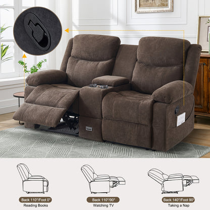 Consofa Loveseat Recliner Sofa - Manual Recliner Loveseat With Console, Modern Chenille Sofa Sleeper Deep Couches With Cup Holders And Side Pocket - Brown - For Living Room/Office/Apartment - Perfect for Relaxation and Entert