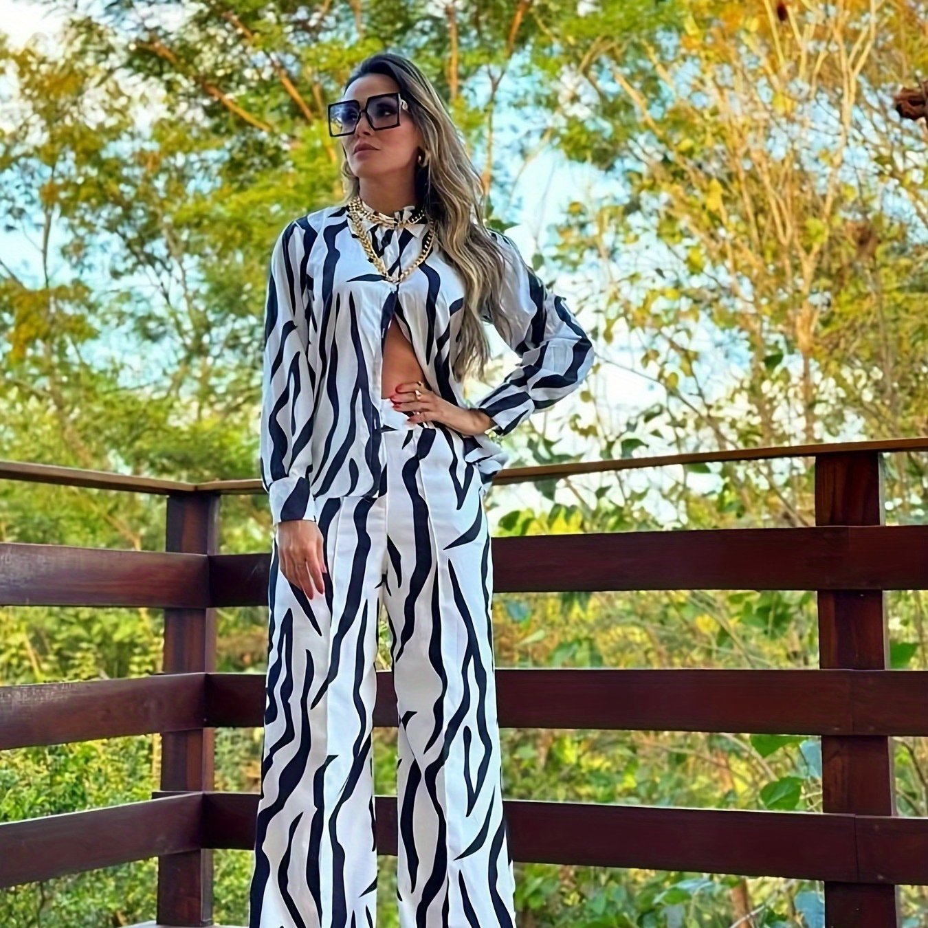 HERTALKWomen's fashion suit Zebra pattern long sleeve cardigan shirt trousers Women's new two-piece summer