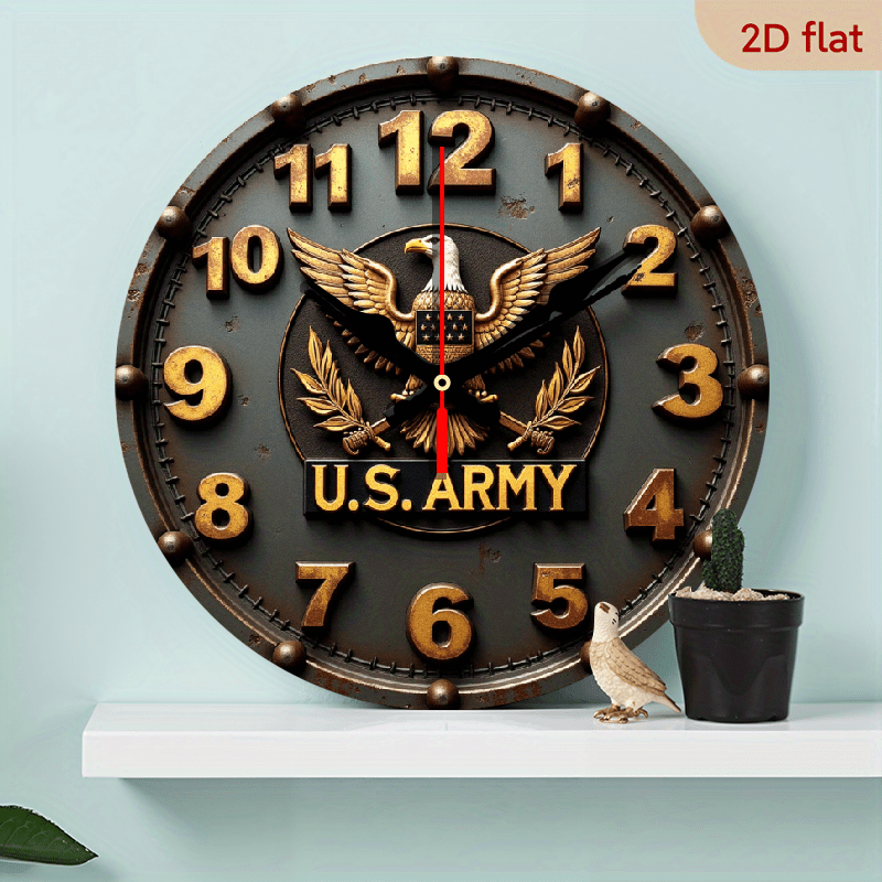 9.8" U.S. Army Silent Wall Clock - 2D Flat Printed Eagle Olive Branch Design, Artificial Wood Quartz Battery Operated (AA), Non-Luminous Military-Themed Home Decor for Living Room, Bedroom, Coffee Area, Clock for Living Room,