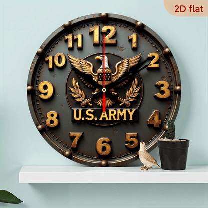 9.8" U.S. Army Silent Wall Clock - 2D Flat Printed Eagle Olive Branch Design, Artificial Wood Quartz Battery Operated (AA), Non-Luminous Military-Themed Home Decor for Living Room, Bedroom, Coffee Area, Clock for Living Room,