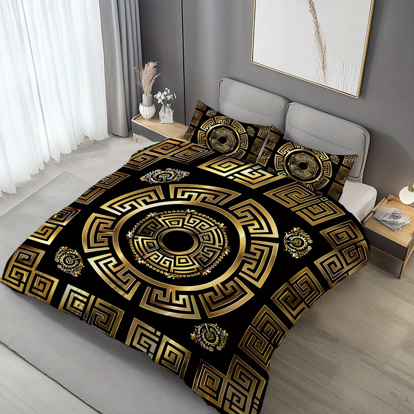 Latacaca 3pcs Black and Golden Greek Meander Pattern Duvet Cover Set, (1 Duvet Cover + 2 Pillowcases), Machine Washable, Elegant Design Bedding Set, Comfortable Bed Cover Set for Bedroom