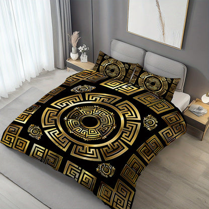Latacaca 3pcs Black and Golden Greek Meander Pattern Duvet Cover Set, (1 Duvet Cover + 2 Pillowcases), Machine Washable, Elegant Design Bedding Set, Comfortable Bed Cover Set for Bedroom