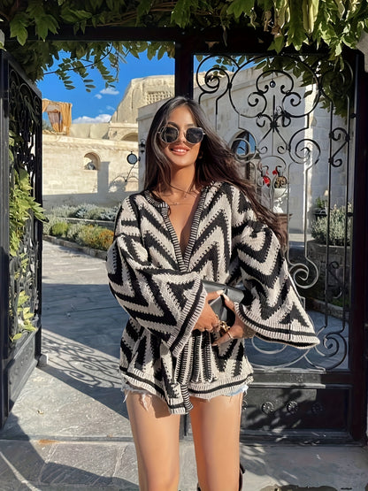 Women'S Chic Black & White Striped Belted Cardigan - Long Sleeve Open Front Sweater with Adjustable Waist Tie, Loose Fit Winter Coat for Everyday & Formal Outfits - Elegant Layering Piece for Fall/Winter Seasons, Cardigan Swe