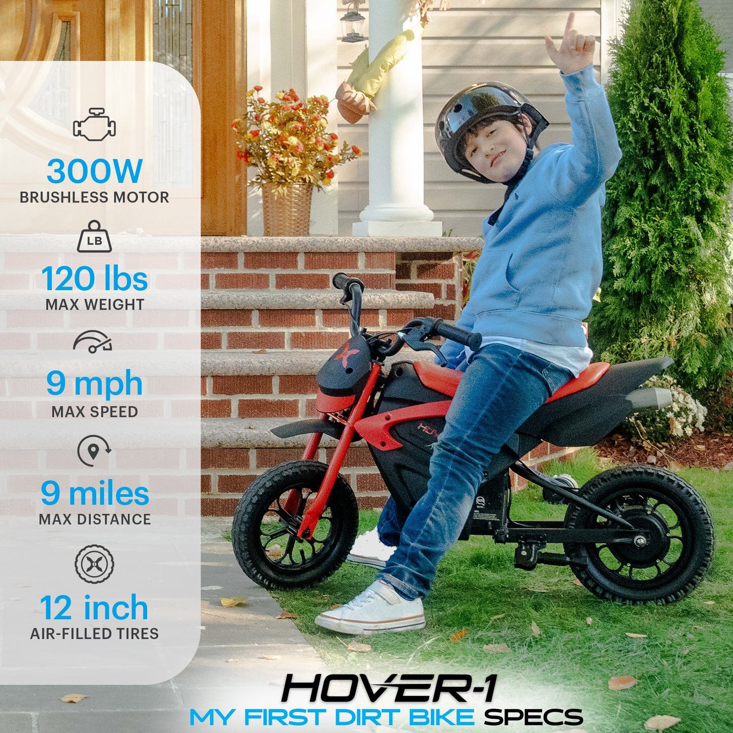 Hover-1 My First Dirt Bike for Kids - 300W Motor, 9MPH Max Speed, 9 Mile Range, 12" Off-Road Tires, 120LB Max Weight, Twist Grip Throttle & Rear Disc Brake Electric Dirt Bike for Kids Ages 5+ Years