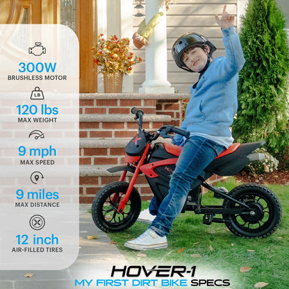 Hover-1 My First Dirt Bike for Kids - 300W Motor, 9MPH Max Speed, 9 Mile Range, 12" Off-Road Tires, 120LB Max Weight, Twist Grip Throttle & Rear Disc Brake Electric Dirt Bike for Kids Ages 5+ Years