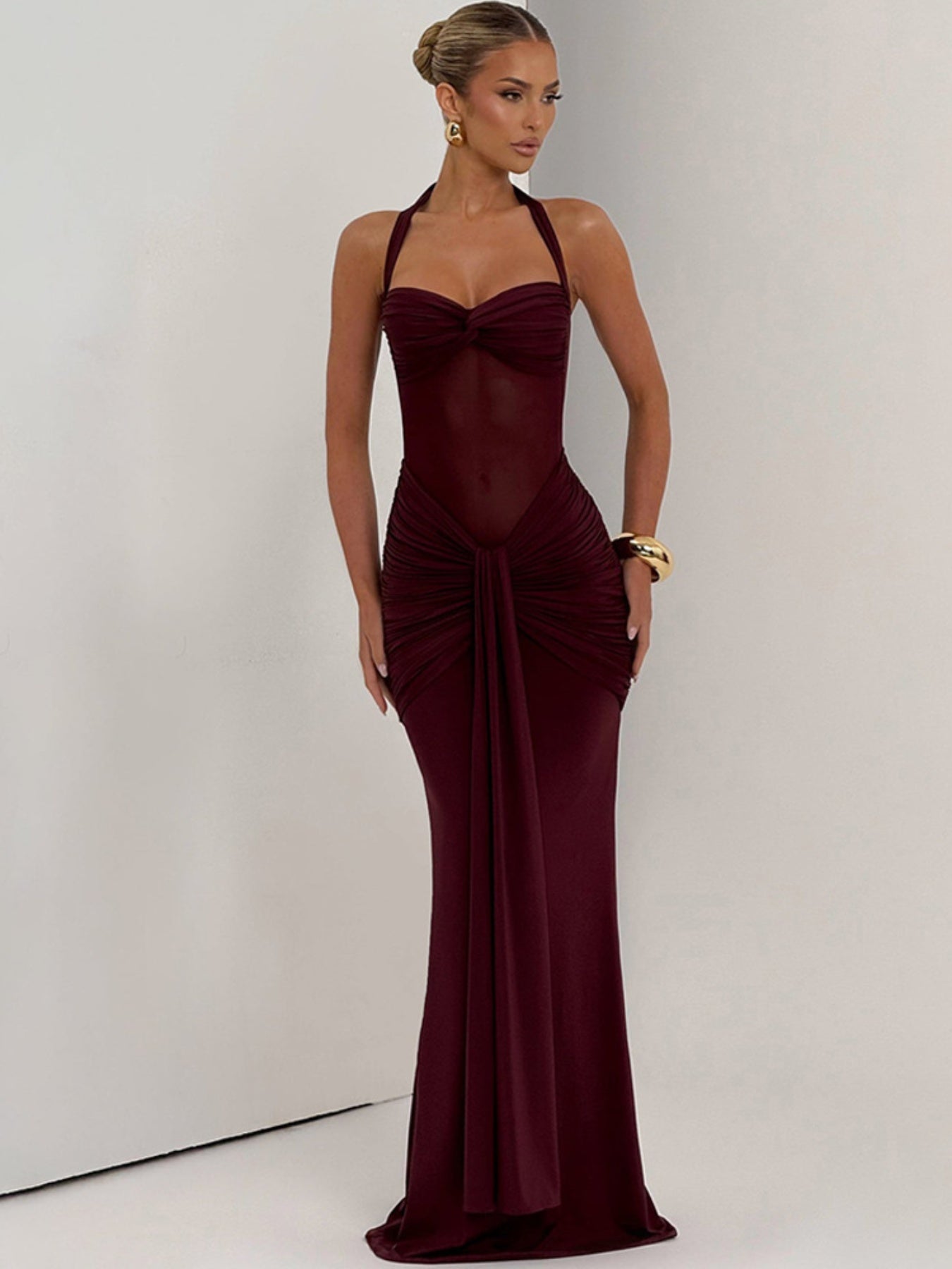 Women's Elegant Ruched Halter Neck Maxi Dress, Slim Fit Summer Party Dress