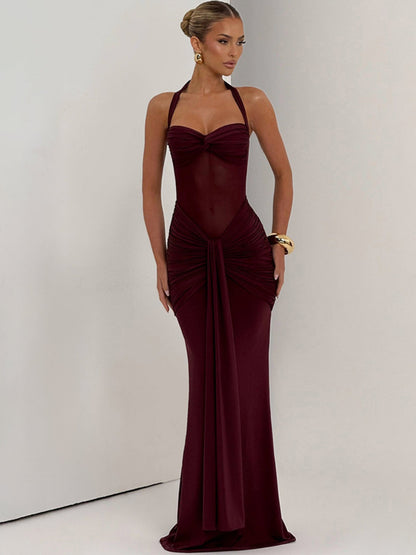 Women's Elegant Ruched Halter Neck Maxi Dress, Slim Fit Summer Party Dress