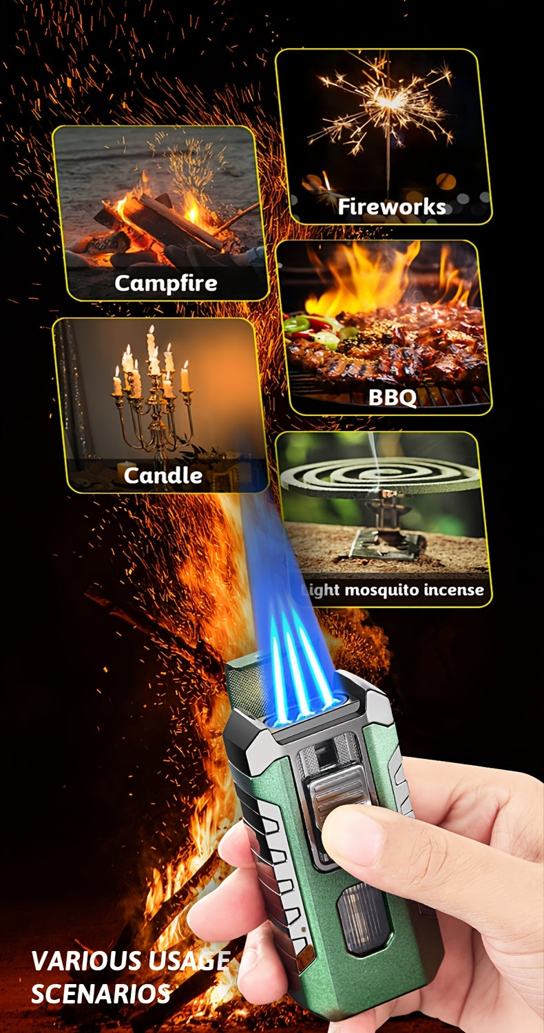 A Lighter That Resists Wind, Featuring a Triple Flame with Direct Injection, Made of Metal And Equipped with a Viewing Window. It'S a Refillable, Portable Lighter with an Adjustable Flame