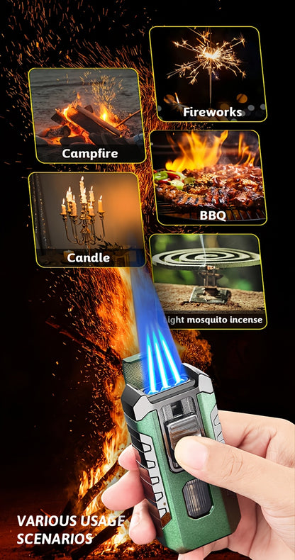 A Lighter That Resists Wind, Featuring a Triple Flame with Direct Injection, Made of Metal And Equipped with a Viewing Window. It'S a Refillable, Portable Lighter with an Adjustable Flame