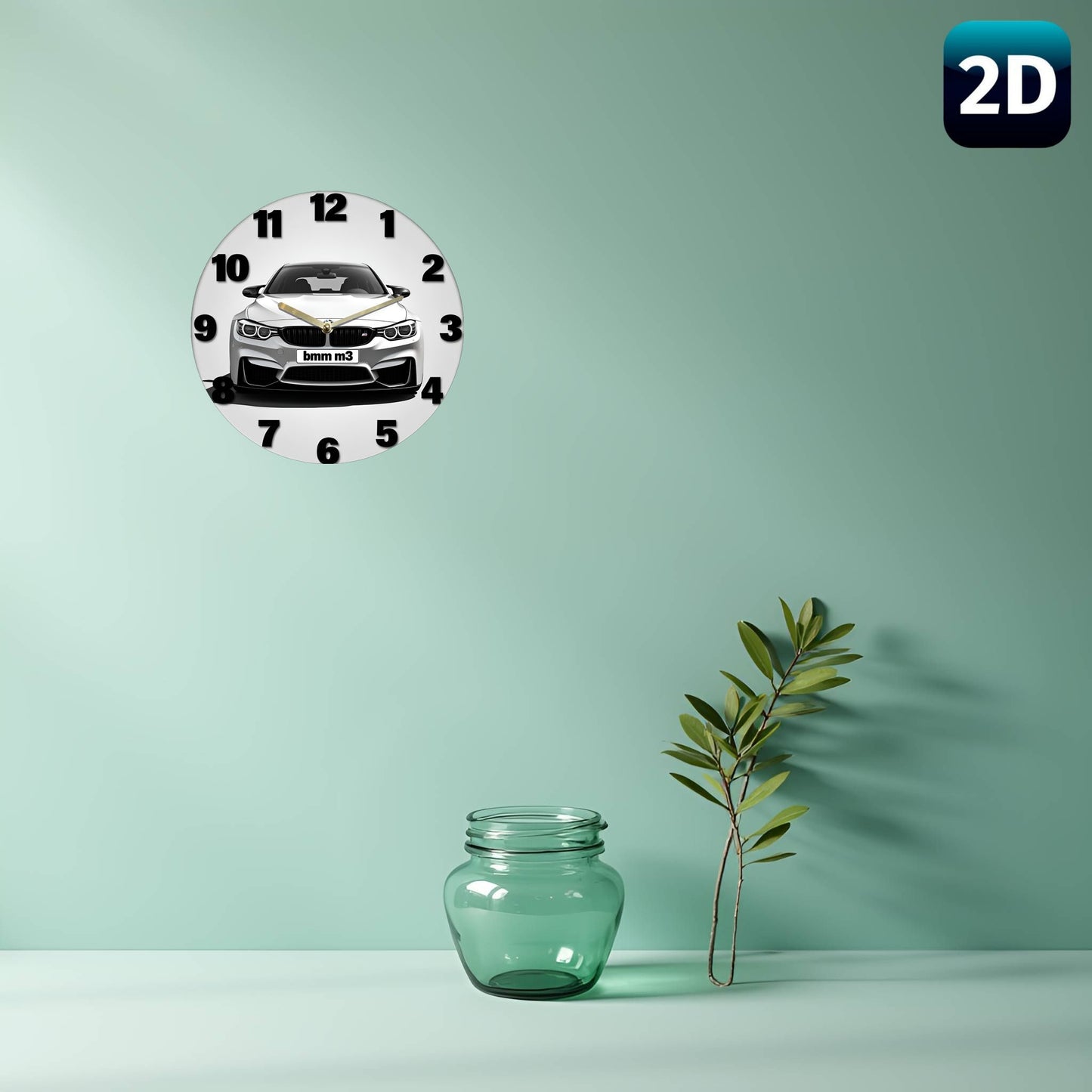 1pc Silent Wall Clock with 2D Car Design – 7.87 Inch Circular Acrylic Decorative Clock, White with Golden Accents, Ideal for Home, Office, Garage, Bar, Café, Garden, Party & Holiday Gift, Clock Wall Decor