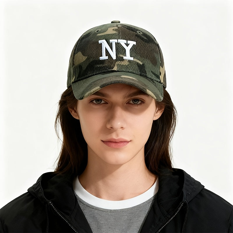 Unisex Camouflage Baseball Cap with NY Letter Embroidery - Adjustable Snap Closure, Lightweight 100% Acrylic Suitable for Outdoor, Casual, And Party Wear, Printed Baseball Cap, Black Baseball Cap, Mesh Baseball Cap, Casual We