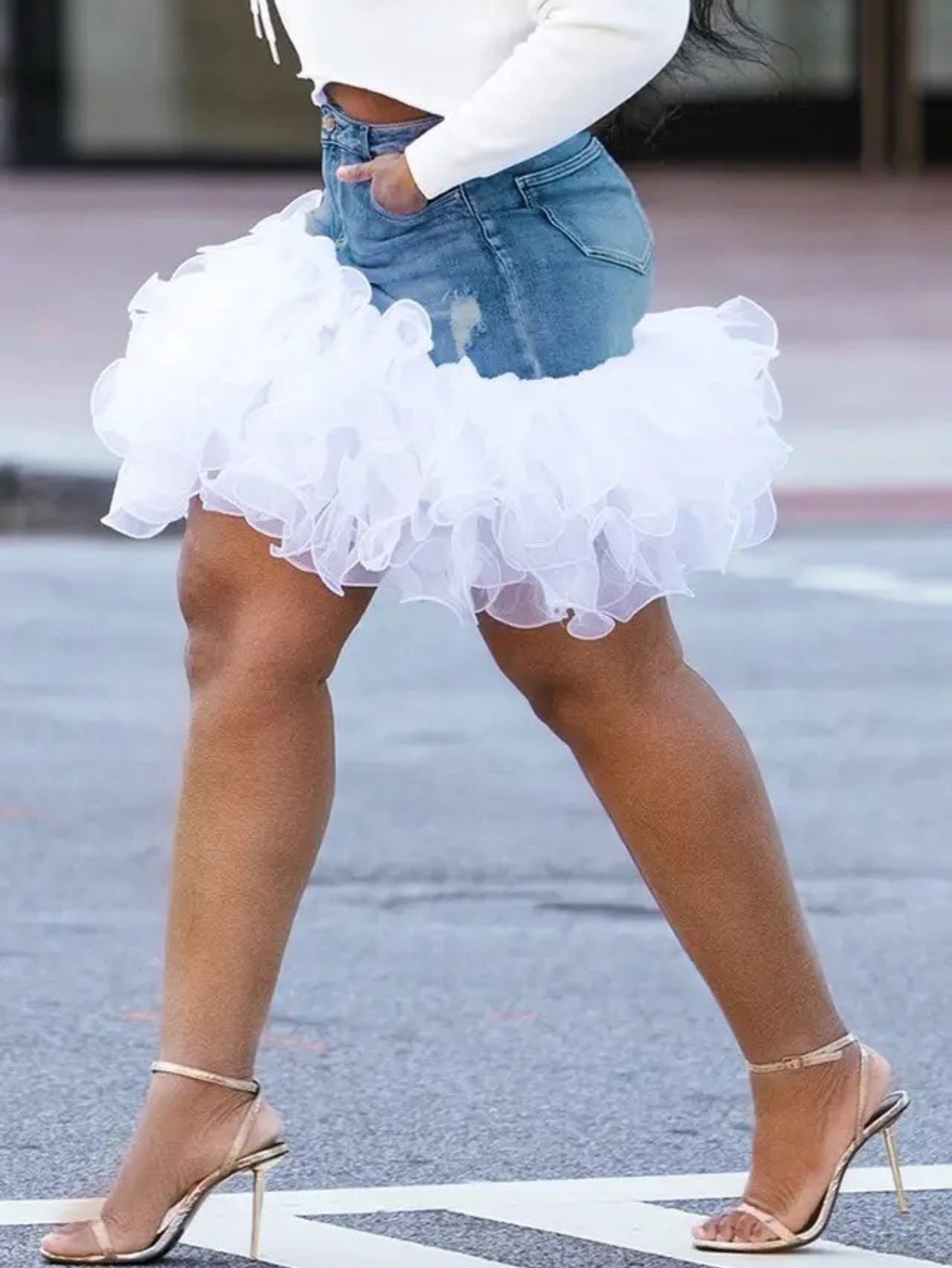 Plus Size, Plus Size Women's Summer 2025 New Tulle Splicing Washed Sexy Denim Skirt Short Skirt
