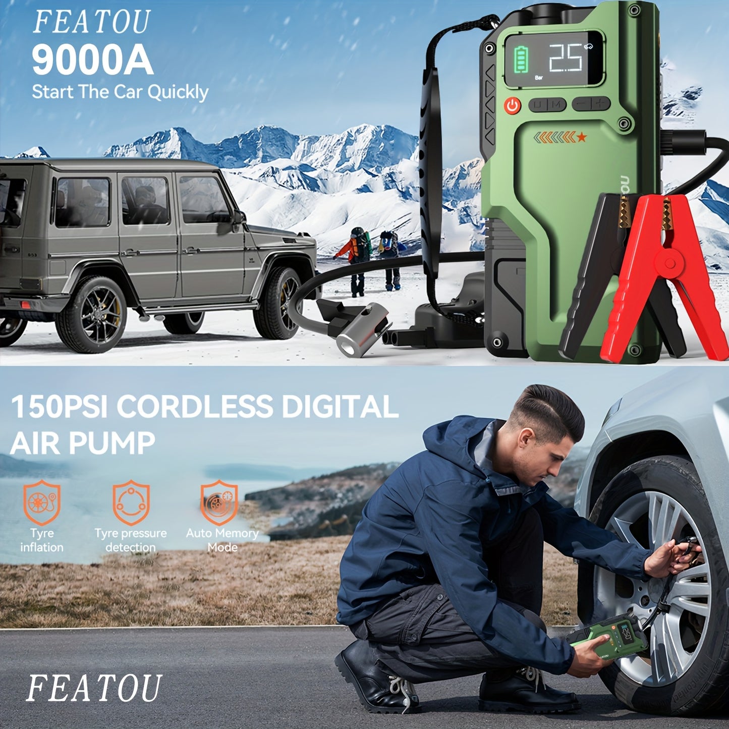9000A Jump Starter with Air Compressor, 5in 1 Function Jump Box 150PSl JumpStarter Battery Pack with Digital Tire Inflator, Car Battery Charger Portable for 10L GasOr 9.0L Diesel Battery Charger, Car Jumper Starter Portable