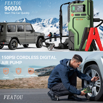 9000A Jump Starter with Air Compressor, 5in 1 Function Jump Box 150PSl JumpStarter Battery Pack with Digital Tire Inflator, Car Battery Charger Portable for 10L GasOr 9.0L Diesel Battery Charger, Car Jumper Starter Portable