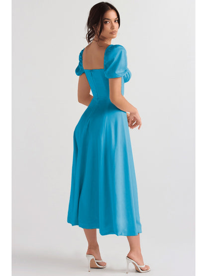 Elegant Puff Sleeve Tie-Waist Dress | High Waist Design, Off the Shoulder, Solid Color, Flared Hem, Midi Length for Spring/Summer Fashion