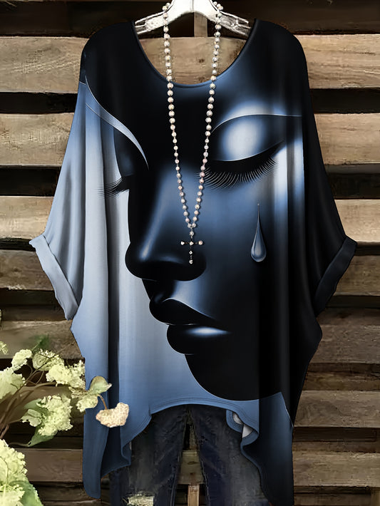 Plus Size - Casual Elegant Comfortable Crew Neck Short Sleeve T-Shirt | Large Size, Tearful Dream Portrait Print, No Accessories