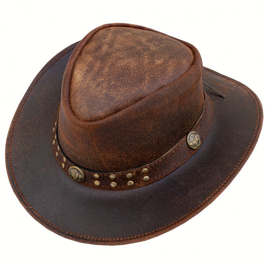 Men's & Women's Genuine First-Layer Cowhide Western Cowboy Hat - Vintage Australian Wide Brim, UPF Sun Protection, Breathable High Top with Rivet Trim, Outdoor Ranch Riding Hat for Rodeo, Casual Wear (Unisex)