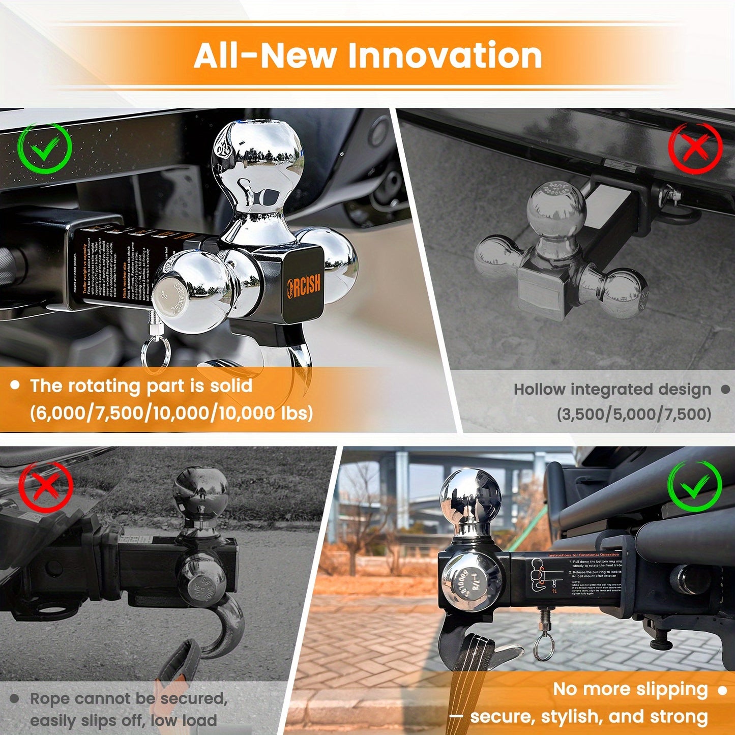 Trailer Hitch Tri-Ball Mount With Hook Contain Secure Self-Lock Latch, Hitch Ball Size 1-7/8", 2" And 2-5/16", Fit 2 Inch Hitch Receiver, Tow Hitch With Double Anti-Theft Pins Locks