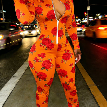 Red Rose Print Casual Women's Half Zipper Jumpsuit, Floral Pattern Casual Wear, Outdoor S Women's Long Sleeved Lapel Sweatshirt Jumpsuit, Fashionable Spring Half Zipper Slim Fit Jumpsuit, Women's Gift, Soft Fabric, Machine Wa