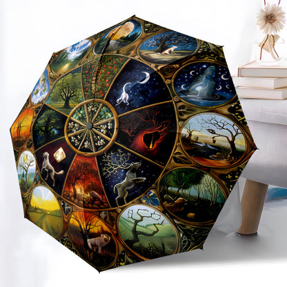 Automatic Open/Close Umbrella with 8-Rib Sturdy Frame - Auto Open Close Button, Portable Sunshade Canopy, Elegant Wheel of the Year Design with Seasonal Symbols (Winter, Spring, Summer, Fall) - Perfect Halloween, Christmas, B