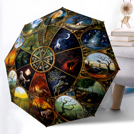 Automatic Open/Close Umbrella with 8-Rib Sturdy Frame - Auto Open Close Button, Portable Sunshade Canopy, Elegant Wheel of the Year Design with Seasonal Symbols (Winter, Spring, Summer, Fall) - Perfect Halloween, Christmas, B