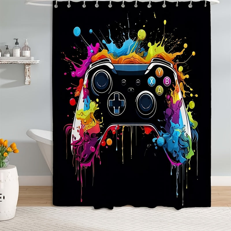 1/4pcs Game Controller Pattern Shower Curtain Four Piece Set, Including Waterproof Shower Curtain, Anti Slip Floor Mat, Toilet Seat Cover, And U-shaped Mat Shower Curtain Set, Twelve Hooks, Bathroom Accessories, Holiday Gifts