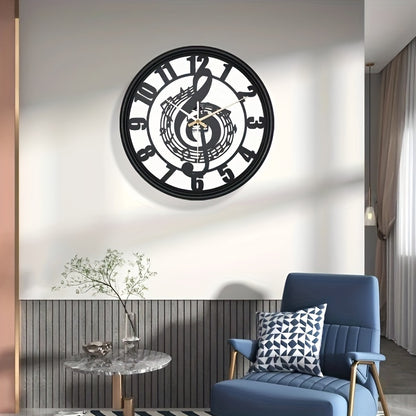 [1pc Music Note Wall Clock] 1pc Music Note Design 16-Inch Metal Wall Clock, Silent Mechanical Movement, Round Shape, Battery Operated with AA Battery (Not Included), Perfect for Classroom, Living Room, Party, Hallway, Housewa