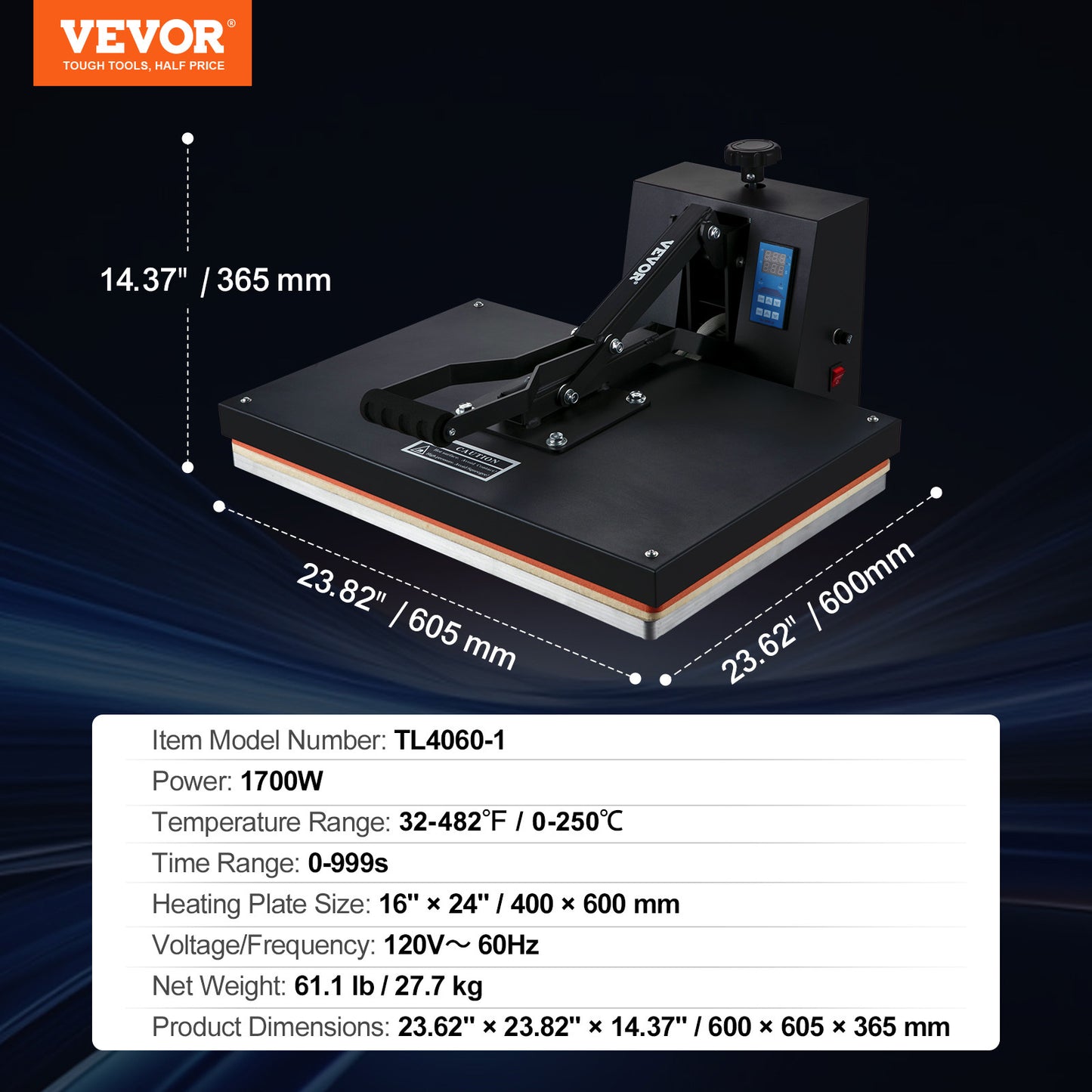 VEVOR 1700W Heat Press, 16x24/15x15/16x20in Power Heat Press Machine, High Pressure Fast Heating Heat Press Machine for T-Shirt, Digital Industrial Sublimation Printer for Heat Transfer Vinyl, Easy to Use, Black