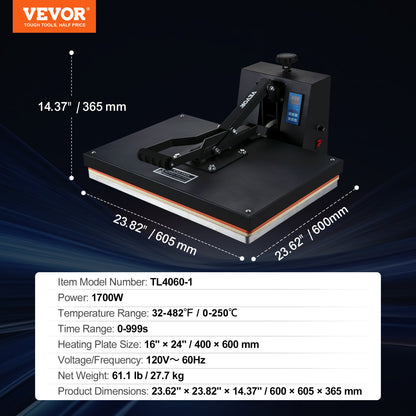 VEVOR 1700W Heat Press, 16x24/15x15/16x20in Power Heat Press Machine, High Pressure Fast Heating Heat Press Machine for T-Shirt, Digital Industrial Sublimation Printer for Heat Transfer Vinyl, Easy to Use, Black